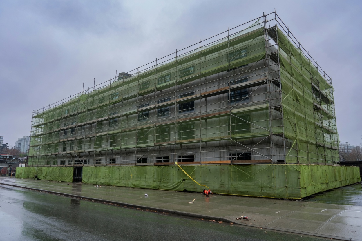 A mid-rise condo building wrapped in scaffolding for envelope repairs