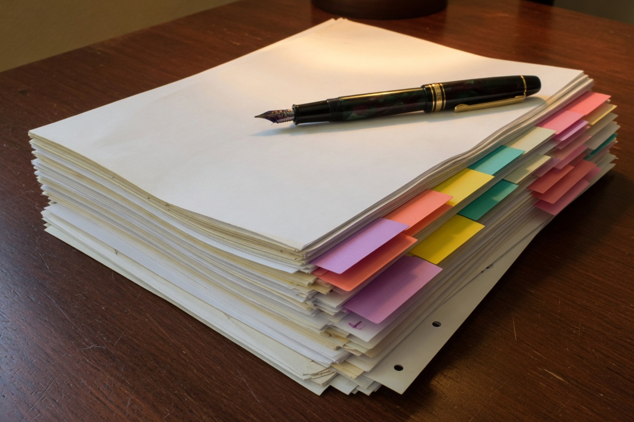 A tabbed construction contract and a pen on a wooden table