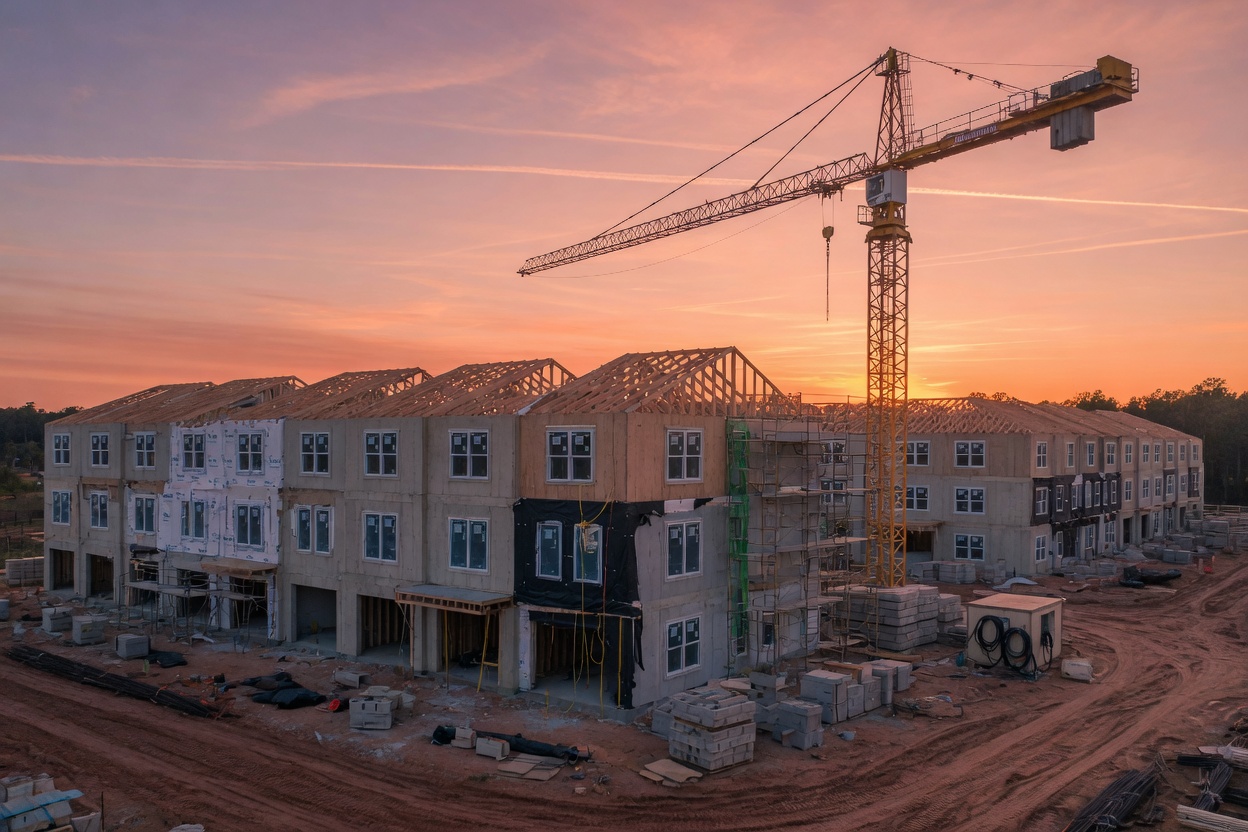 A townhouse development site with a tower crane at sunset