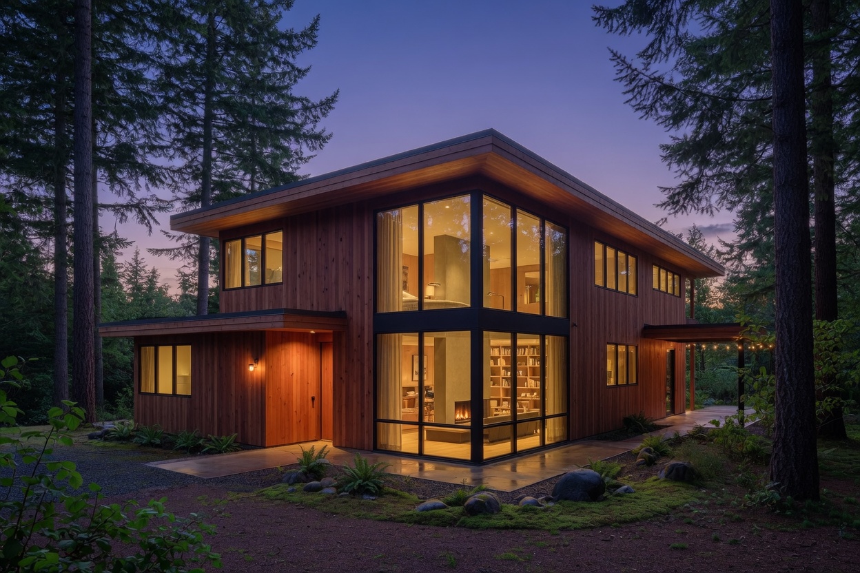 A finished modern home in cedar and glass in the evening