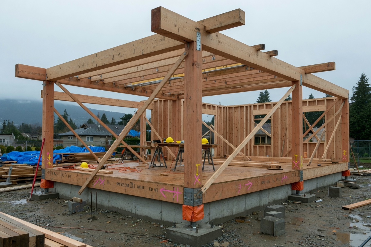 Timber framing of a house on an overcast day