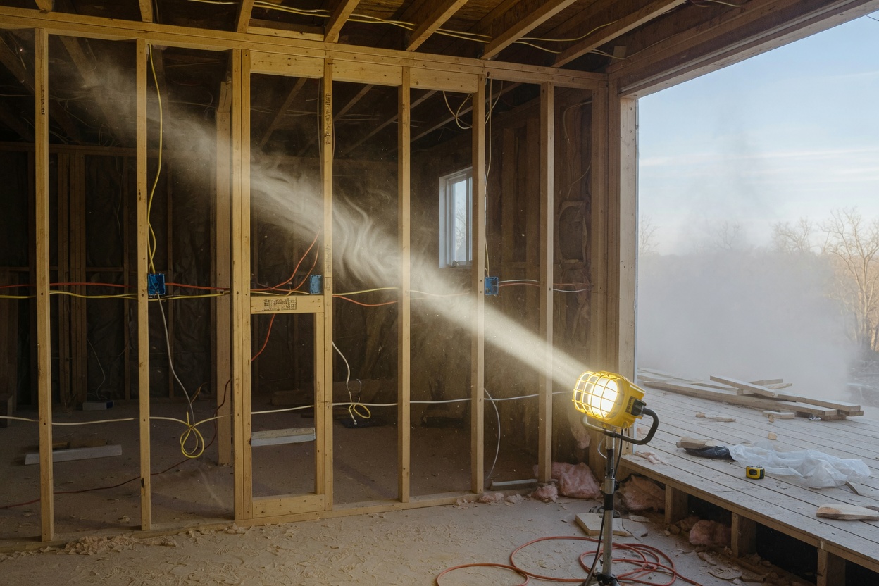 A flashlight beam on new timber framing and wiring
