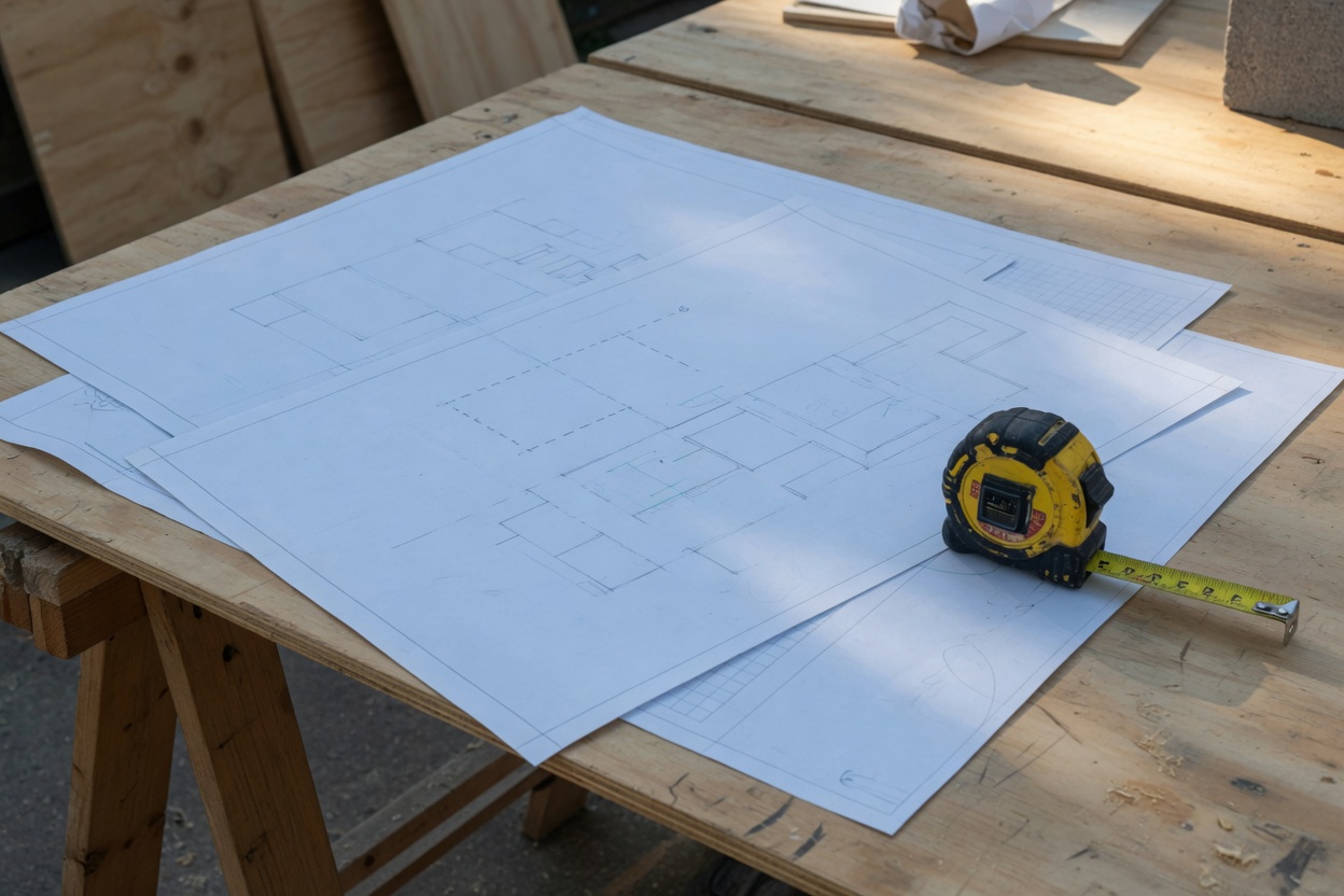 Construction drawings and a tape measure on a site table