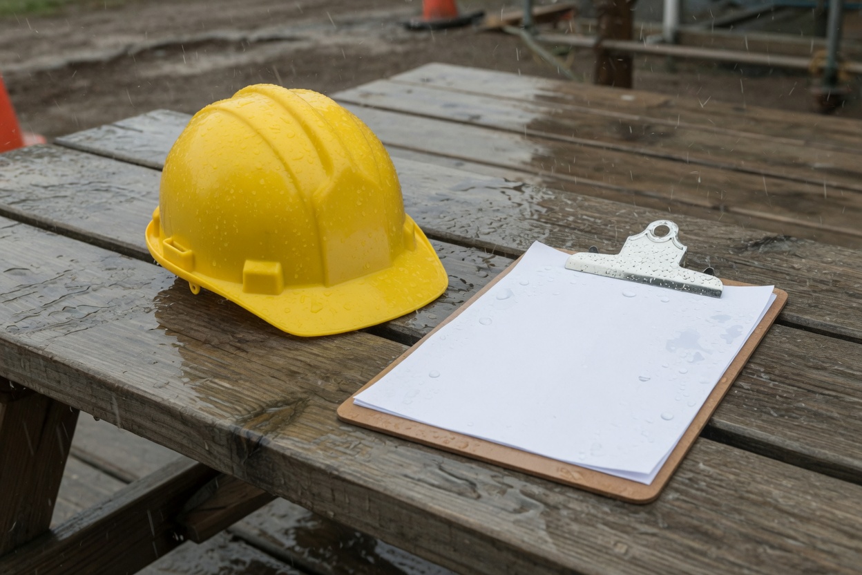 A hard hat and clipboard on a rain-wet site bench