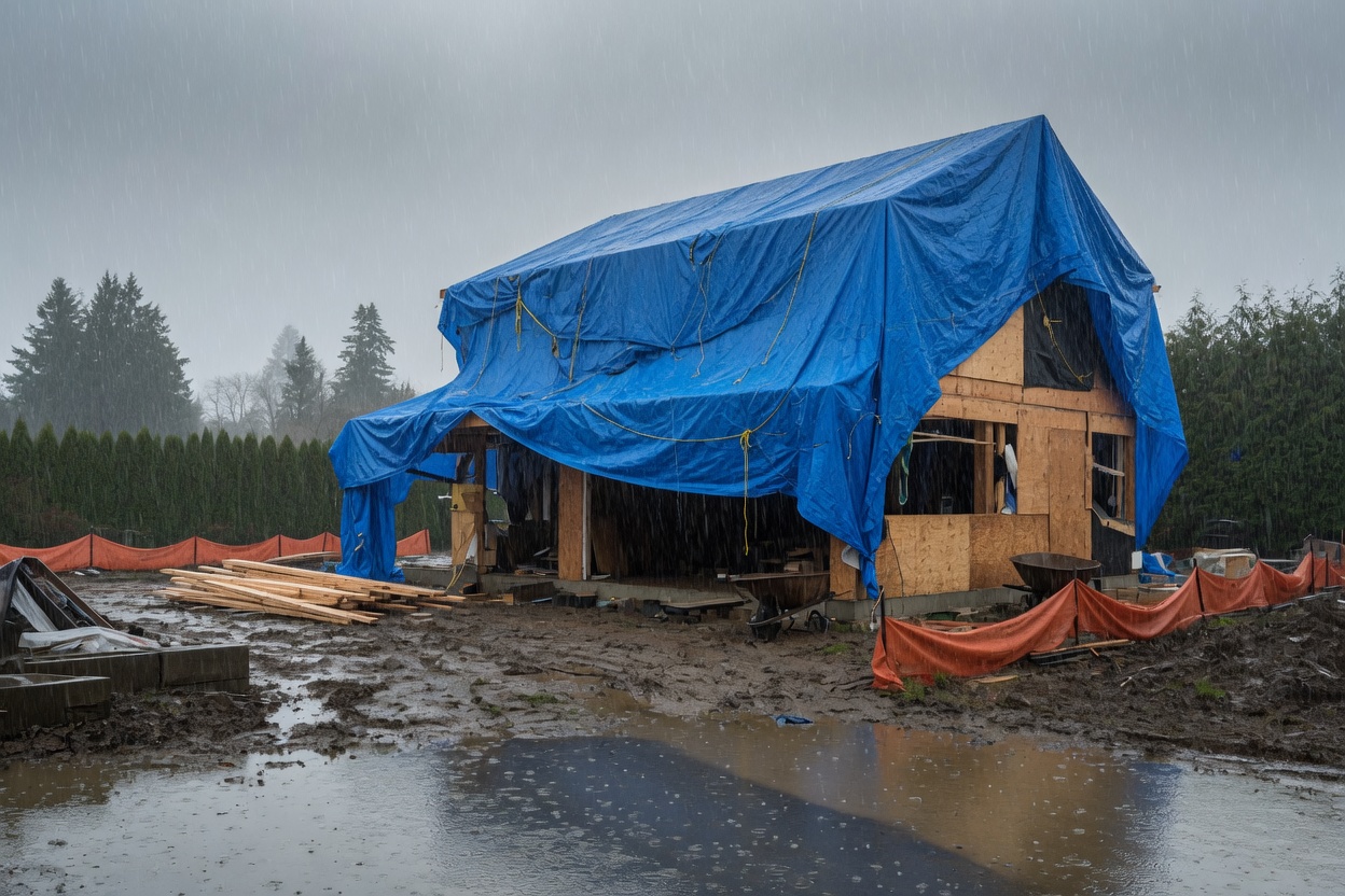 A stalled build under blue tarps in heavy rain